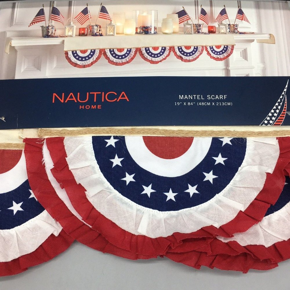 Nautica Patriotic Mantel Scarf 19x84 Americana July 4th Bunting Red White Blue